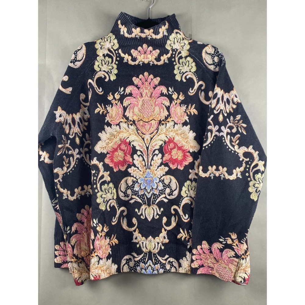 Women Tapestry Floral Mock Neck Sweater 2XL Black Knit Pullover Whimsigoth